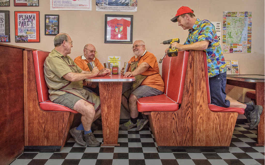 CHILL OUT: I Scream owner Jeff Smith (right) chats with Men’s Shed members Bruce Carle, Warren Moss and Kevin Watkins as they enjoy a break after making the new wooden panels and frames for the booths. Photo: Adam Hourigan CHILL OUT: I Scream owner Jeff Smith (right) chats with Men’s Shed members Bruce Carle, Warren Moss and Kevin Watkins as they enjoy a break after making the new wooden panels and frames for the booths. Photo: Adam Hourigan