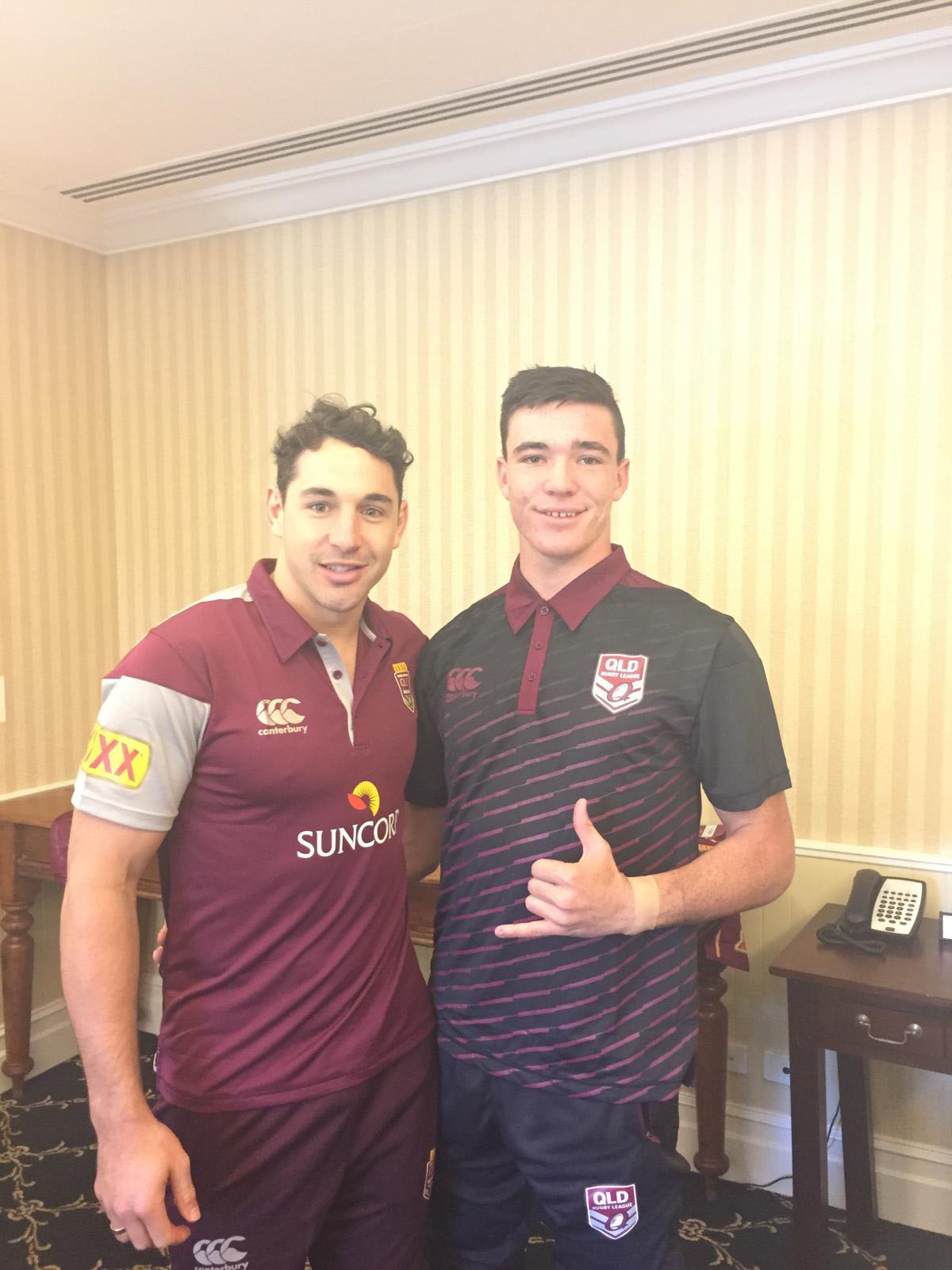 Proserpine Brahmans' product Nathan Barrett, pictured here with Billy Slater, scored the game-winning try in last night's Under-16s State of Origin match at ANZ Stadium. Proserpine Brahmans' product Nathan Barrett, pictured here with Billy Slater, scored the game-winning try in last night's Under-16s State of Origin match at ANZ Stadium.