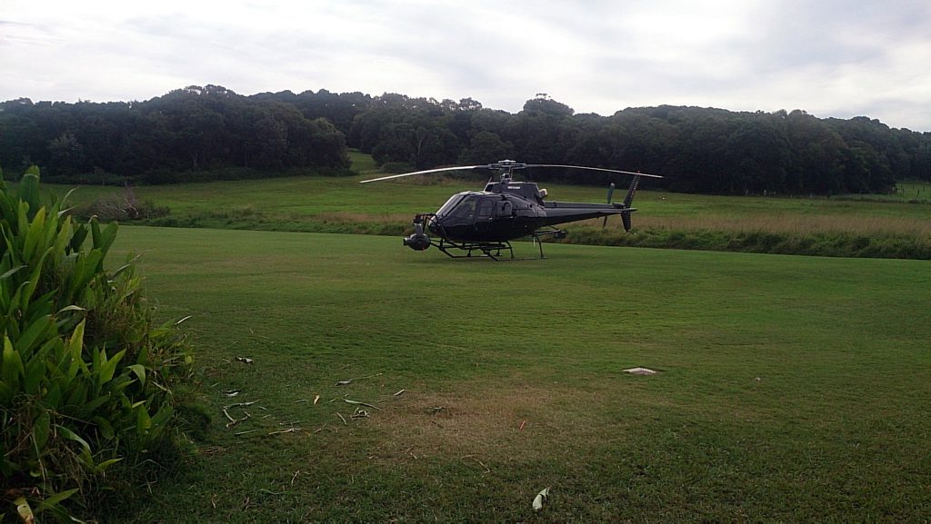 A helicopter on set for filming of the Pirates of the Caribbean at Lennox Head. Photo Ross Kendall / The Northern Star A helicopter on set for filming of the Pirates of the Caribbean at Lennox Head. Photo Ross Kendall / The Northern Star