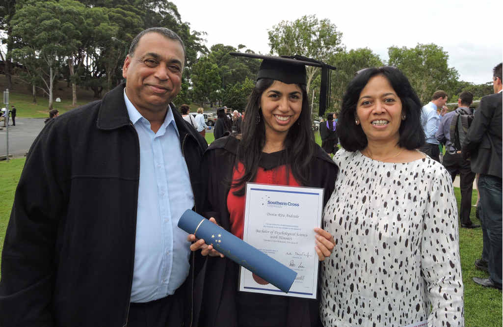 PROUD MOMENT: Denise Andrade who graduated with a Bachelor of Psychological Sciences with Honours, with dad Dennis and mum Theresa. PROUD MOMENT: Denise Andrade who graduated with a Bachelor of Psychological Sciences with Honours, with dad Dennis and mum Theresa.