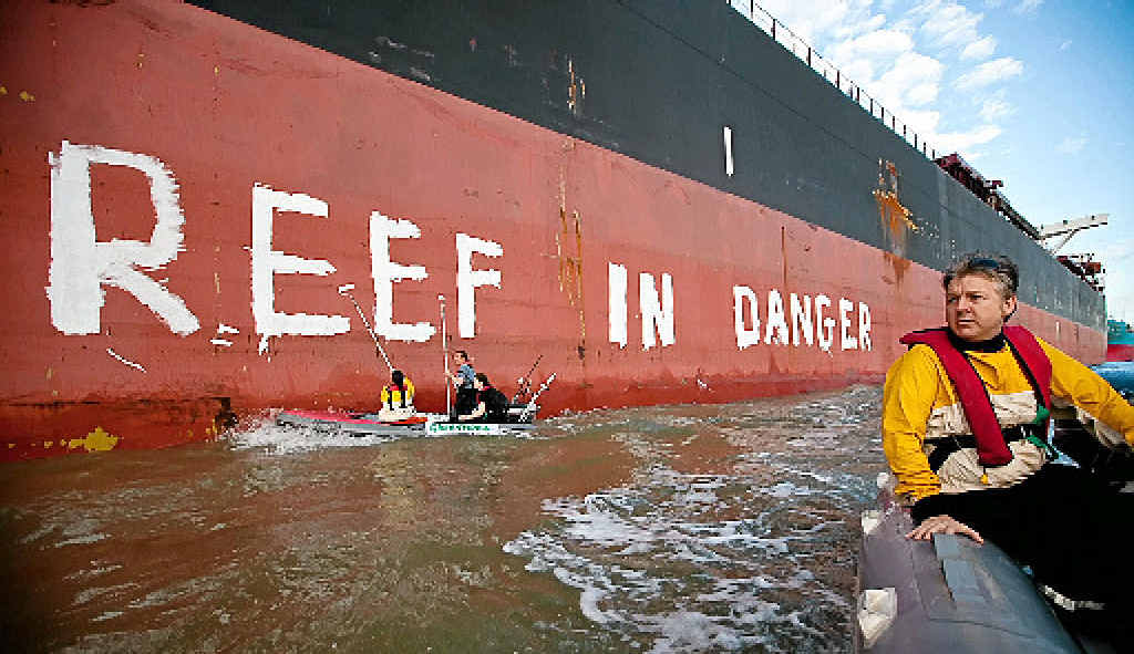 Greenpeace activists protest against coal terminal expansion in the Great Barrier Reef. Greenpeace activists protest against coal terminal expansion in the Great Barrier Reef.