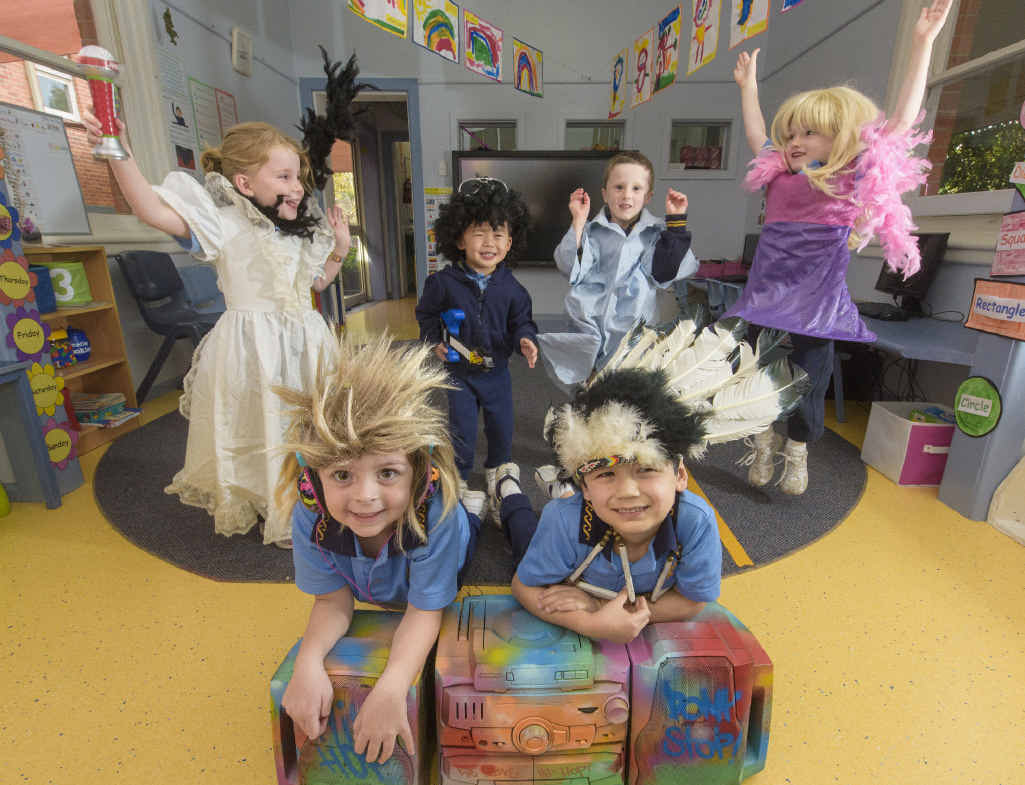 ROCKERS: CVAS kids (back) Charlotte Hottes, Isaac Law, Hamish and Evie Atkinson-Smith and (front) Georgia Skeels and Vinh Coorey ready for Musical Bingo. Photo Adam Hourigan