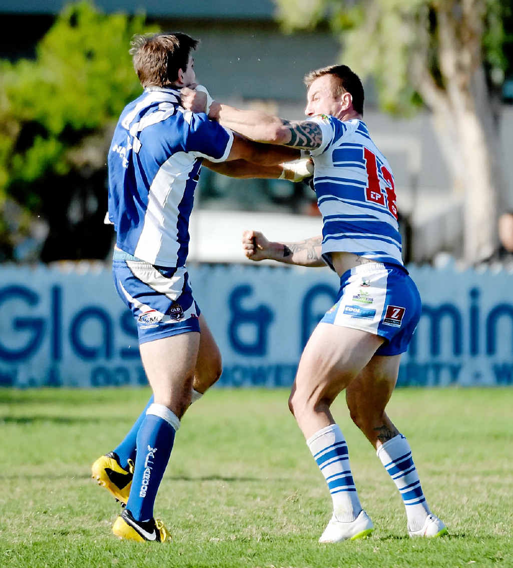 FISTS FLY: Wallaroos forward Joshua Crowley and Brothers rival Joel McCrea comes to blows at Salter Oval. FISTS FLY: Wallaroos forward Joshua Crowley and Brothers rival Joel McCrea comes to blows at Salter Oval.