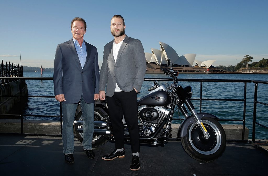 Arnold Schwarzenegger and Jai Courtney pose during a Terminator Genisys photo call in Sydney, Australia. Arnold Schwarzenegger and Jai Courtney pose during a Terminator Genisys photo call in Sydney, Australia.