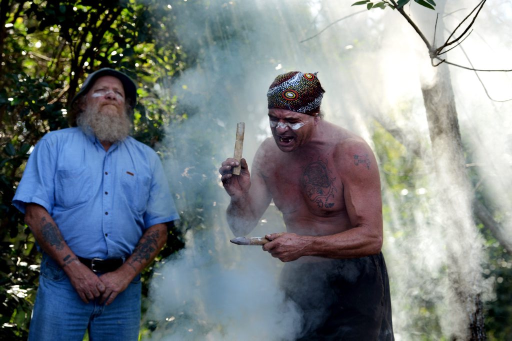 Michael Ryan, left, and Burrell Jakamarra at a smoking ceremony in North Lismore to mark opposition to the North Lismore plateau development. Photo Cathy Adams / The Northern Star Michael Ryan, left, and Burrell Jakamarra at a smoking ceremony in North Lismore to mark opposition to the North Lismore plateau development. Photo Cathy Adams / The Northern Star
