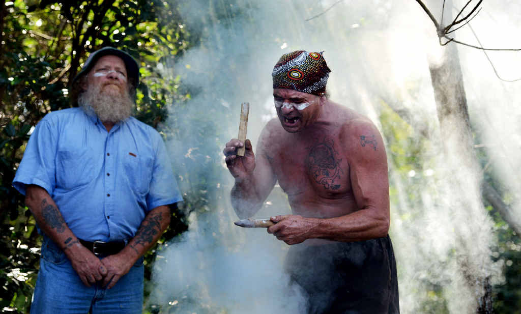 LEGAL CHALLENGE WON: This file photo from May 2014 shows Michael Ryan (left) and Burrell Jakamarra at a smoking ceremony in North Lismore to mark opposition to the North Lismore plateau development. LEGAL CHALLENGE WON: This file photo from May 2014 shows Michael Ryan (left) and Burrell Jakamarra at a smoking ceremony in North Lismore to mark opposition to the North Lismore plateau development.