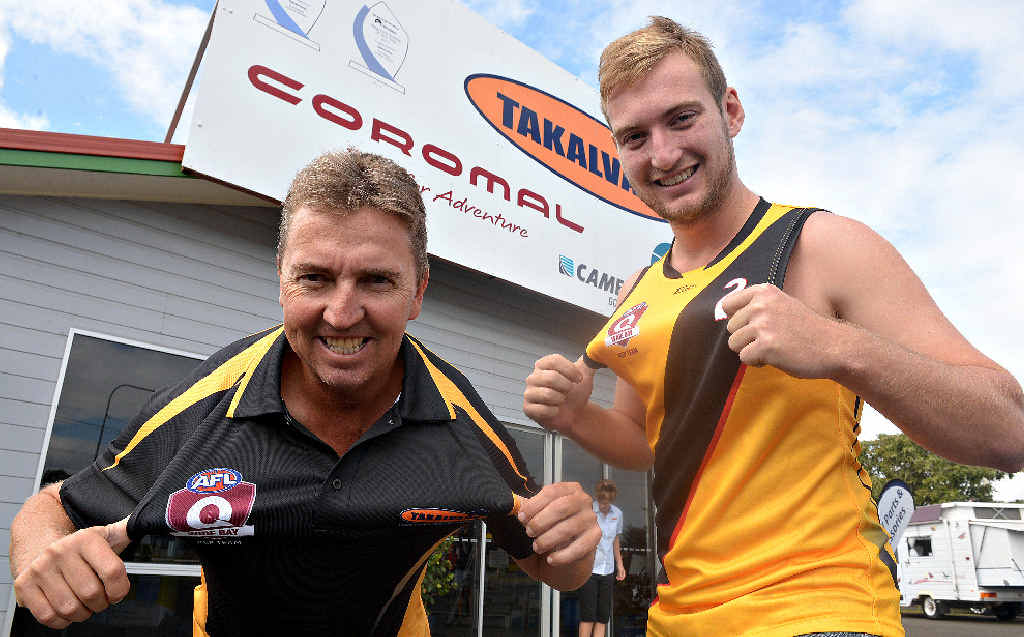 REPS: AFL Wide Bay coach Shaun Stone and captain Jim Power sport their new shirts for the upcoming game against Darling Downs in Kingaroy. REPS: AFL Wide Bay coach Shaun Stone and captain Jim Power sport their new shirts for the upcoming game against Darling Downs in Kingaroy.