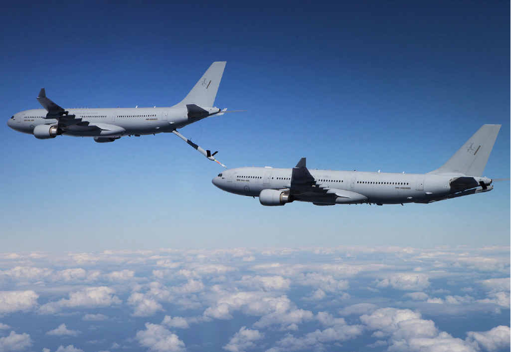 FIRST CONTACT: A KC-30A Multi Role Tanker Transport aircraft (MRTT) extends its boom to connect to another KC-30 MRTT during a flight from RAAF Base Amberley. FIRST CONTACT: A KC-30A Multi Role Tanker Transport aircraft (MRTT) extends its boom to connect to another KC-30 MRTT during a flight from RAAF Base Amberley.