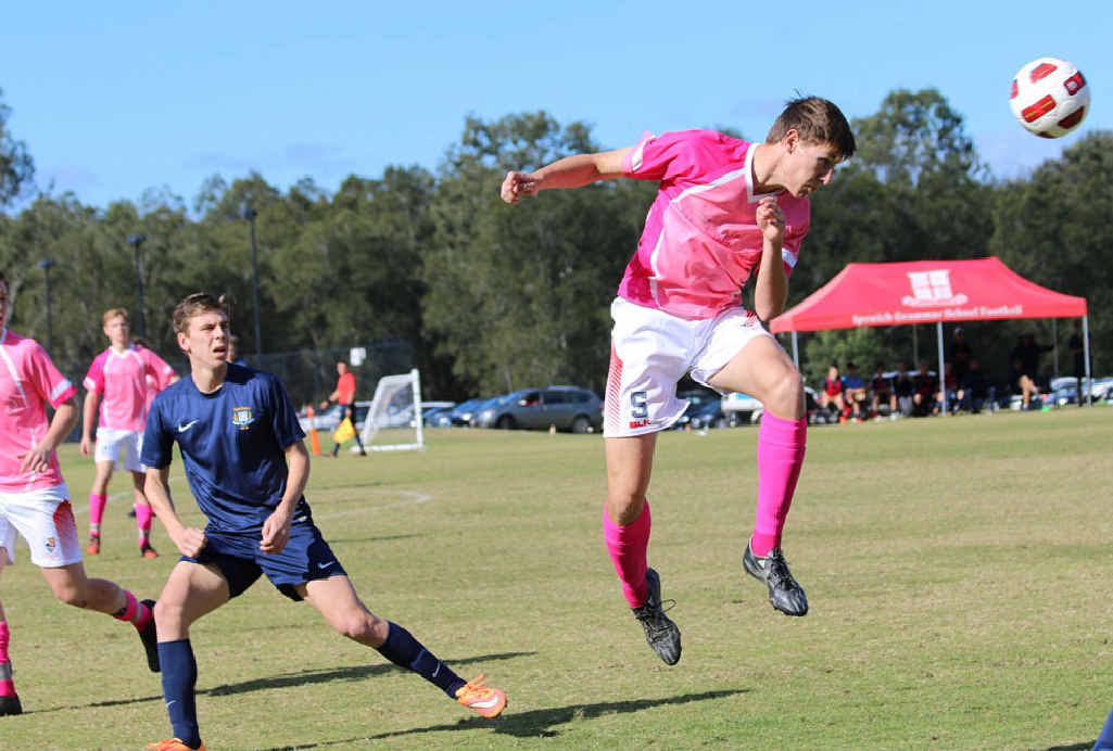 Ipswich Grammar School defender Nick Piper makes a spectacular header during his team’s hard-fought 1-1 draw with Brisbane Grammar at Brassall. Ipswich Grammar School defender Nick Piper makes a spectacular header during his team’s hard-fought 1-1 draw with Brisbane Grammar at Brassall.