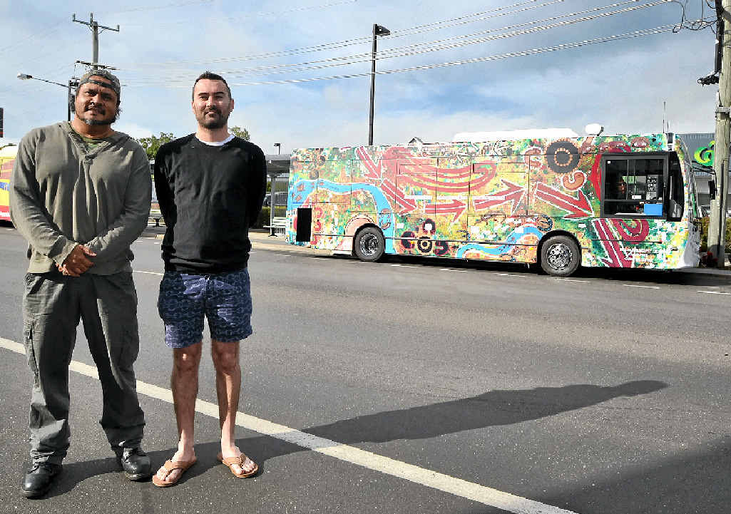 TRAVELLING ART: Indigenous artists Charlie Caldwell and Jai Walker in front of the Casino bus they have created artwork for, with the help of Arts Northern Rivers’ indigenous arts development officer Mark Cora and TAFE Lismore graphic design student Adrian Harrington. TRAVELLING ART: Indigenous artists Charlie Caldwell and Jai Walker in front of the Casino bus they have created artwork for, with the help of Arts Northern Rivers’ indigenous arts development officer Mark Cora and TAFE Lismore graphic design student Adrian Harrington.