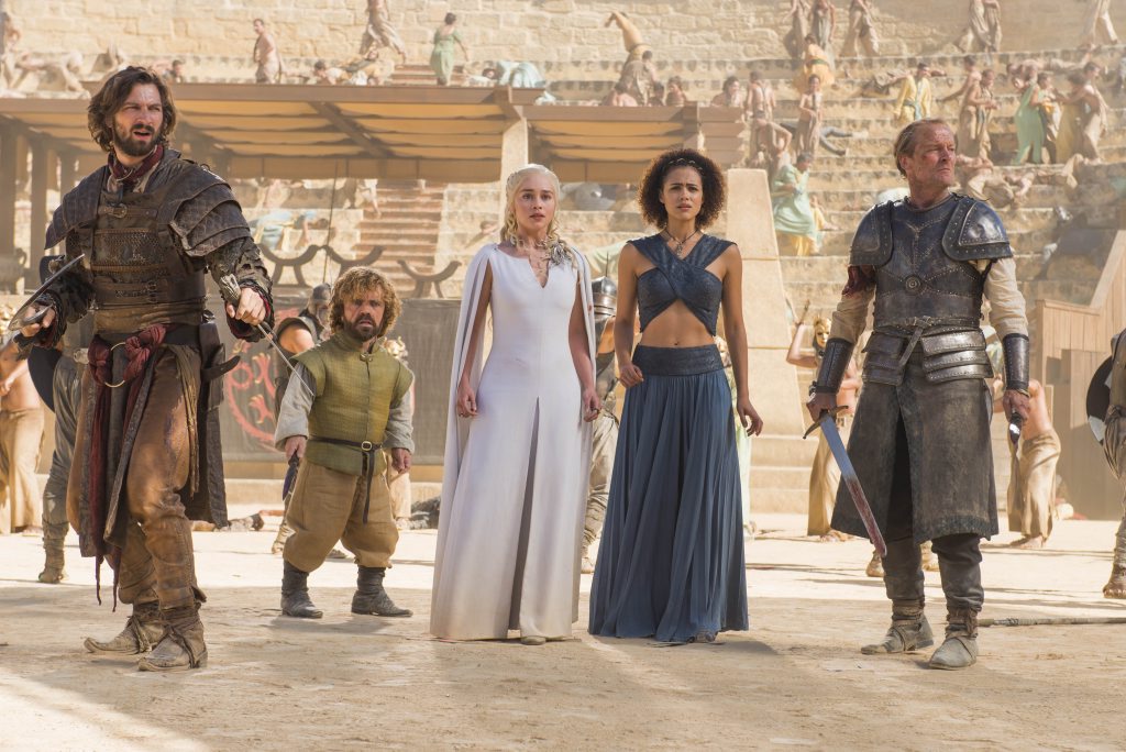 Michiel Huisman, Peter Dinklage, Emilia Clarke, Nathalie Emmanuel and Iain Glen in a scene from the TV series Game of Thrones, season five episode 9. Supplied by Foxtel/ Image by Nick Wall.