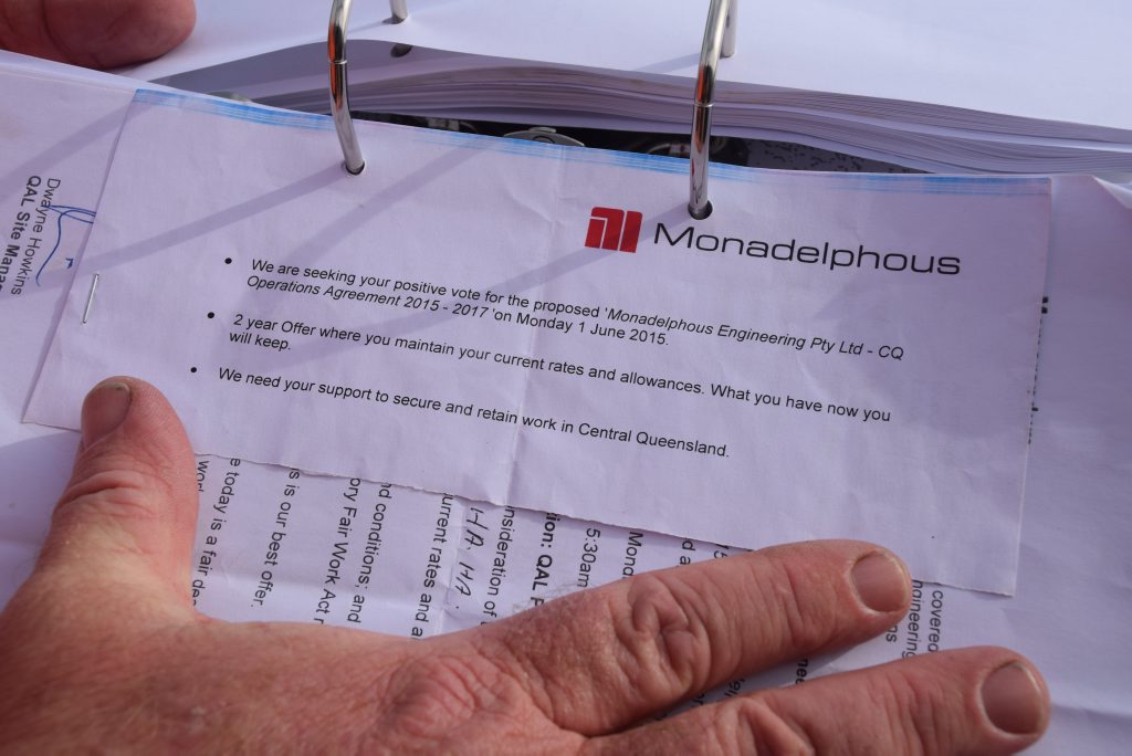 CHEEKY NOTE: Monadelphous has been slipping these notes in with their workers' pay slips to convince them to sign a new work agreement with no pay increases for two years. CHEEKY NOTE: Monadelphous has been slipping these notes in with their workers' pay slips to convince them to sign a new work agreement with no pay increases for two years.