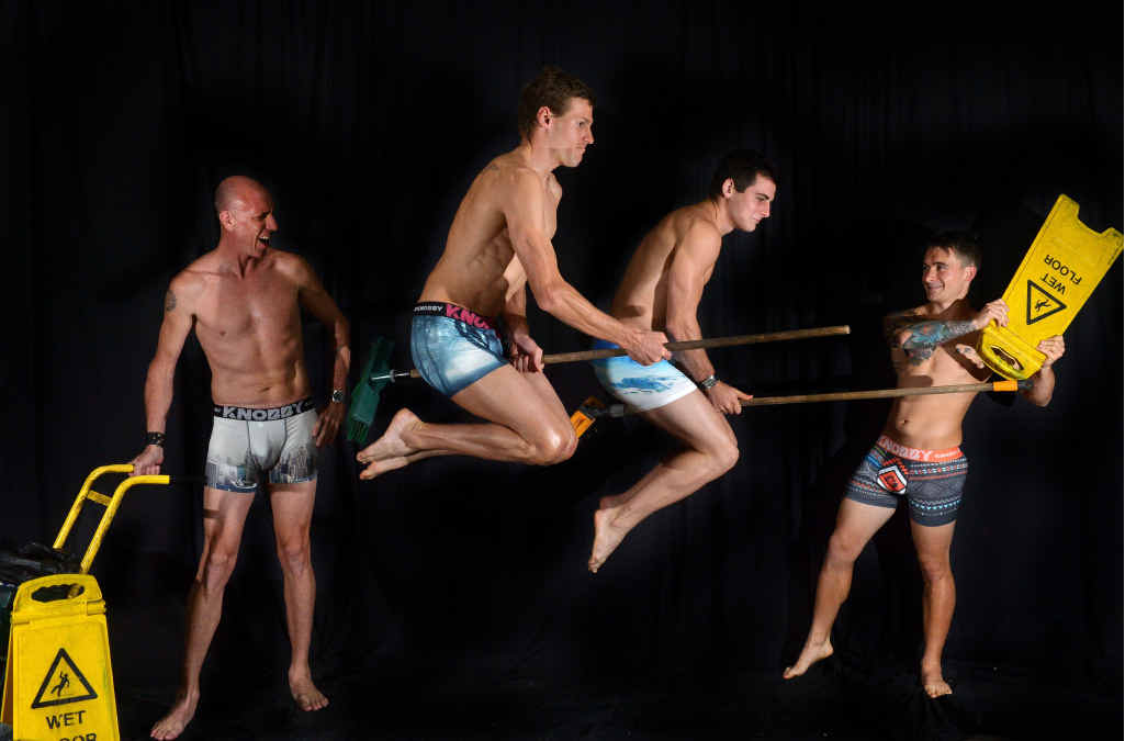 STRIKE A POSE: KNOBBY undies worn by Matt Hold, Damien Collins, Raymond Elliott-Howell and Jamie Smith. STRIKE A POSE: KNOBBY undies worn by Matt Hold, Damien Collins, Raymond Elliott-Howell and Jamie Smith.