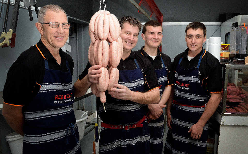 SAUSAGE KINGS : Bruce Hall, Ashley Thomson, Riley Cook and Joshua Lock, butchers at Alstonville Quality Meats, who won prizes for their pork and their lamb sausages. SAUSAGE KINGS : Bruce Hall, Ashley Thomson, Riley Cook and Joshua Lock, butchers at Alstonville Quality Meats, who won prizes for their pork and their lamb sausages.