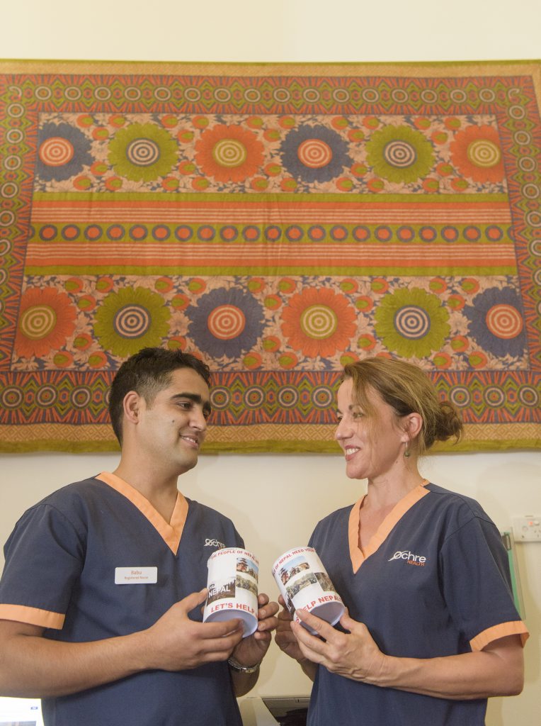 Registered nurse Babu Kandel and Nursing Manager at Ochre HEalth Grafton GP Super Clinic Mary-Anne Cole with tins raising money to help victims of Nepal earthquake. Registered nurse Babu Kandel and Nursing Manager at Ochre HEalth Grafton GP Super Clinic Mary-Anne Cole with tins raising money to help victims of Nepal earthquake.