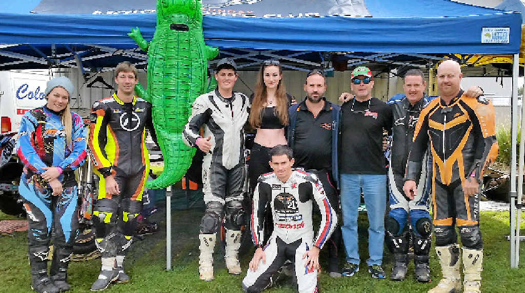 FIERCE RACERS: Georgia Murray, Aaron Barr, Brett McLiesh, NSW resident Casey, Mungo McMurtrie, Marty Taylor, Craig McDermott, Andrew Auld and Andy McLiesh (front) in Newcastle for the Australian Supermoto Championships. FIERCE RACERS: Georgia Murray, Aaron Barr, Brett McLiesh, NSW resident Casey, Mungo McMurtrie, Marty Taylor, Craig McDermott, Andrew Auld and Andy McLiesh (front) in Newcastle for the Australian Supermoto Championships.