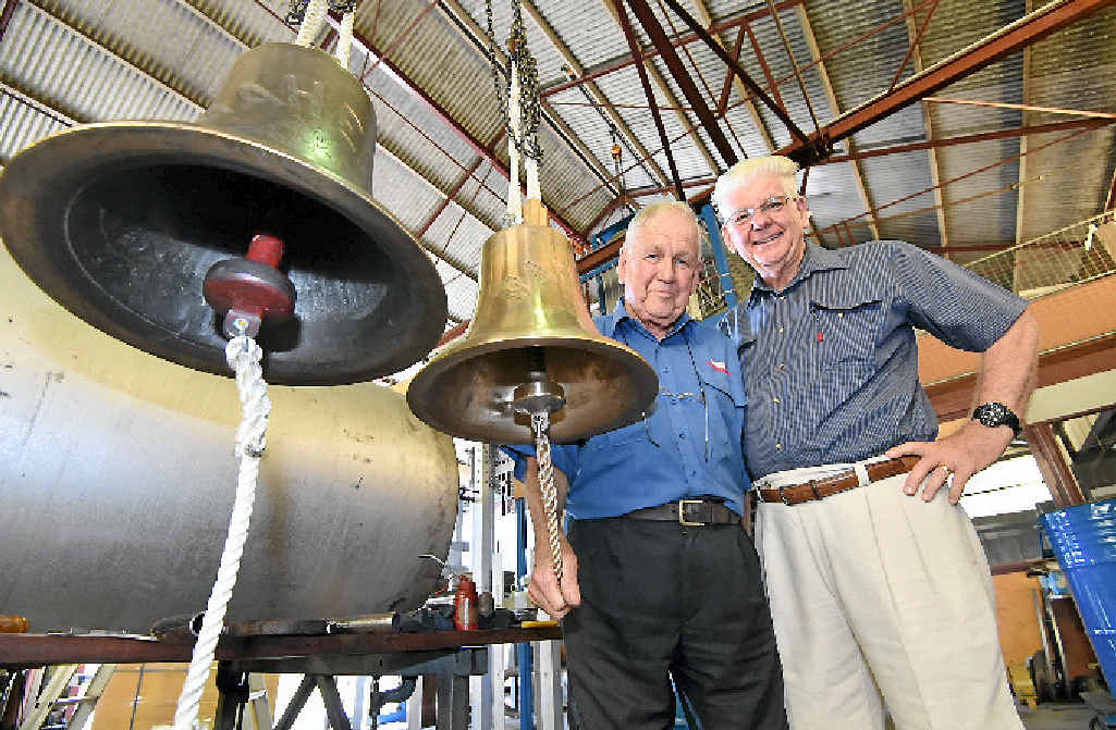 TWIN VERSIONS: Olds Engineering CEO Peter Olds (left) and the Historical Village’s John Anderson with the Maheno’s original bell and the replica. TWIN VERSIONS: Olds Engineering CEO Peter Olds (left) and the Historical Village’s John Anderson with the Maheno’s original bell and the replica.