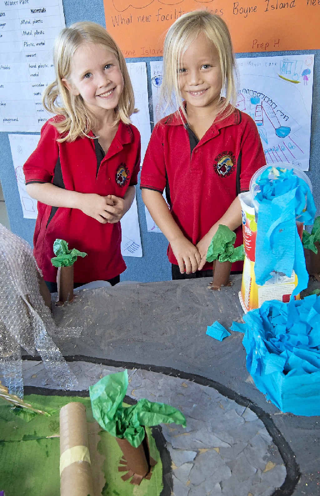 BUSY BEES: Boyne Island State School Prep students Xanthe Keeping and Jai Kingi helped their class to make a mock Water Park and Trampoline Centre for Boyne Island. BUSY BEES: Boyne Island State School Prep students Xanthe Keeping and Jai Kingi helped their class to make a mock Water Park and Trampoline Centre for Boyne Island.