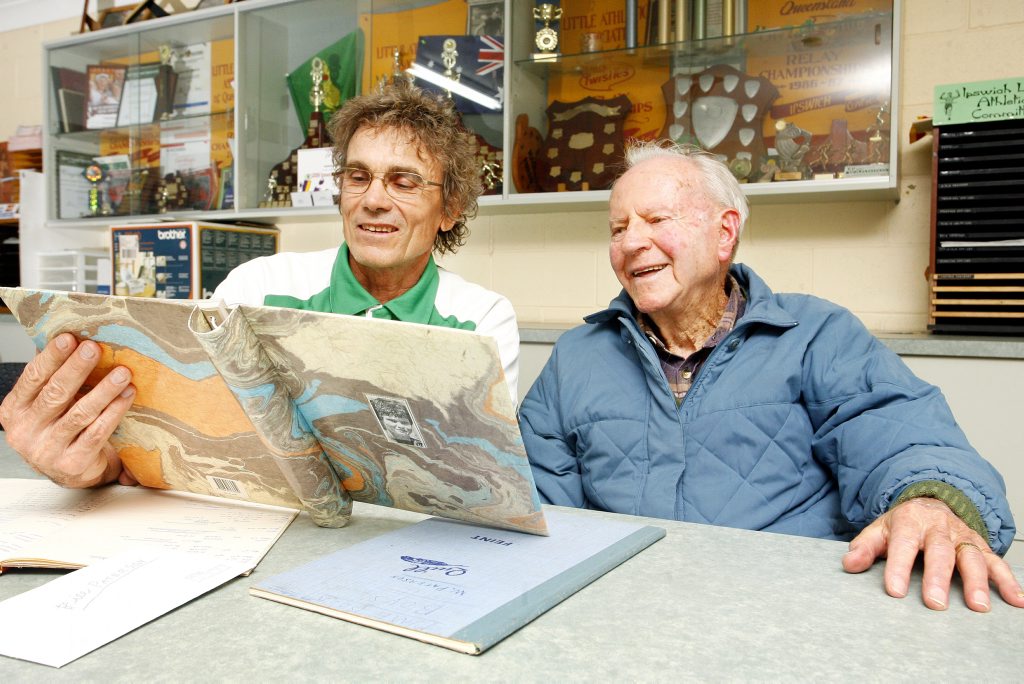 GREAT MINDS: Ipswich athletics official Vic Pascoe (left) savours every minute catching up with city icon Bill Paterson at Limestone Park in 2010. GREAT MINDS: Ipswich athletics official Vic Pascoe (left) savours every minute catching up with city icon Bill Paterson at Limestone Park in 2010.