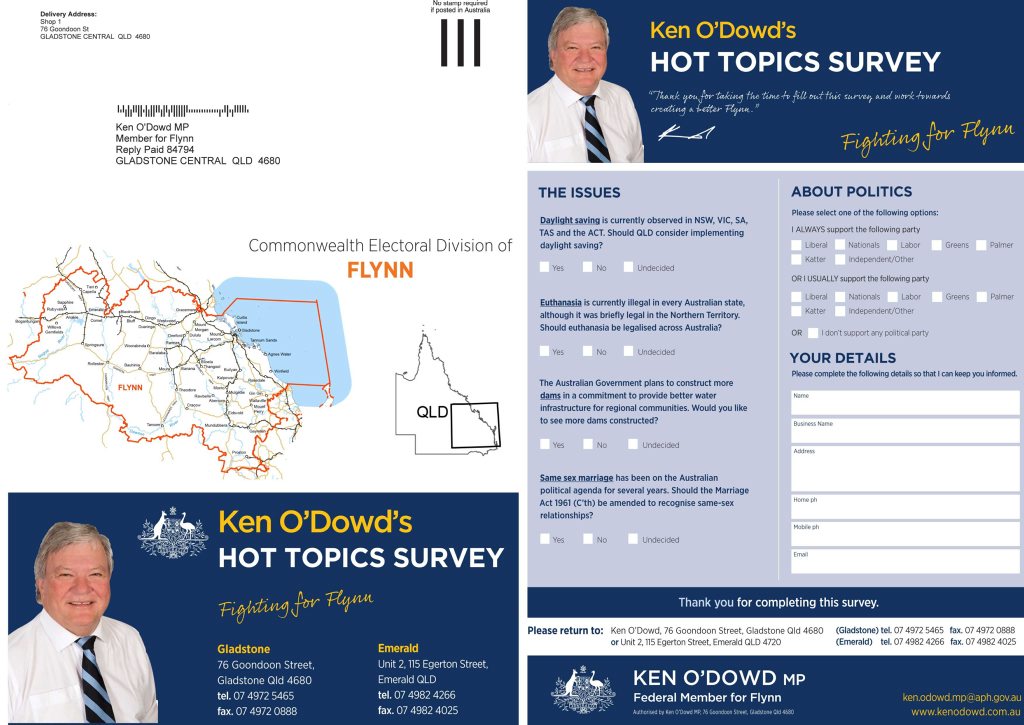 SURVEY SAYS?: Ken O'Dowd says he has mailed this survey out to 60,000 people across Flynn. SURVEY SAYS?: Ken O'Dowd says he has mailed this survey out to 60,000 people across Flynn.
