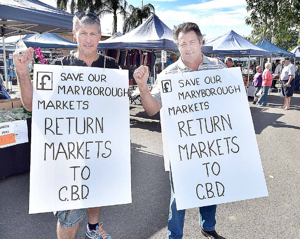 MARYBOROUGH MARKETS: Darryl Gleich (left) and Gordon Dale at the markets talking to patrons and stallholders about its future. MARYBOROUGH MARKETS: Darryl Gleich (left) and Gordon Dale at the markets talking to patrons and stallholders about its future.