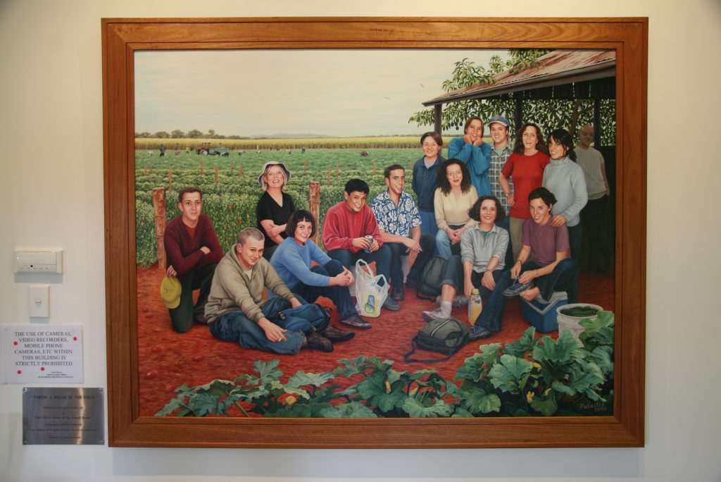 Sydney artist Josonia Palaitis' portrait, Taking a Break in the Field depicts the victims of the Palace Backpackers Hostel fire in 2000. (Photo taken with the kind permission of Ms Palaitis). Photo:GARY HUTCHISON. Sydney artist Josonia Palaitis' portrait, Taking a Break in the Field depicts the victims of the Palace Backpackers Hostel fire in 2000. (Photo taken with the kind permission of Ms Palaitis). Photo:GARY HUTCHISON.