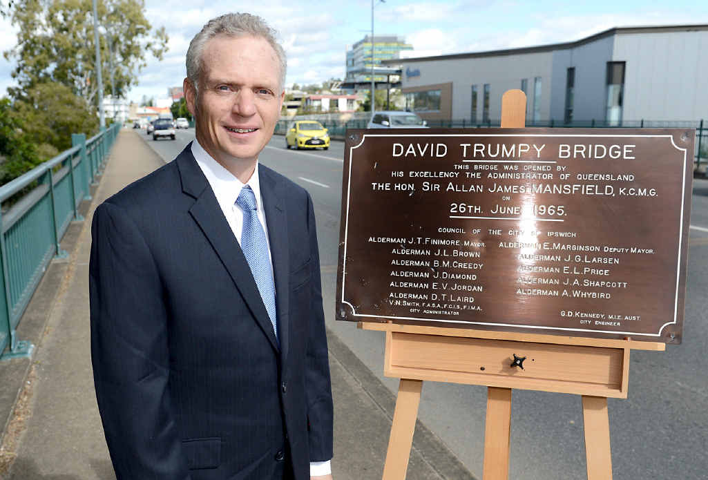HE’D BE PROUD: David Trumpy’s great nephew Robert Lawrence attended the 50th Anniversary of the opening of Ipswich’s David Trumpy Bridge . HE’D BE PROUD: David Trumpy’s great nephew Robert Lawrence attended the 50th Anniversary of the opening of Ipswich’s David Trumpy Bridge .