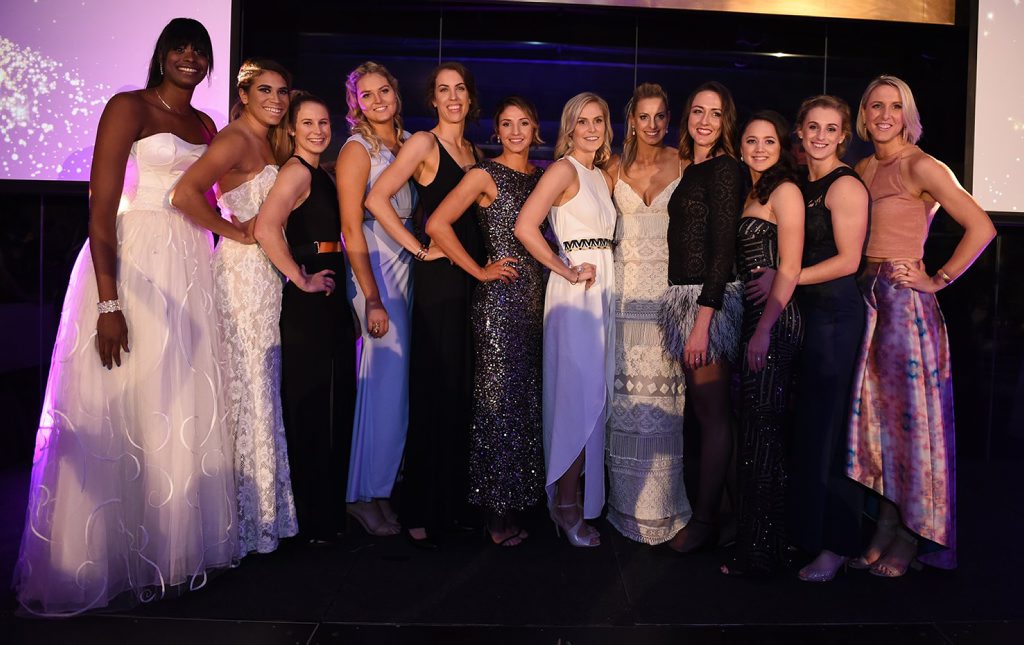 The victorious Queensland Firebirds netballers, players' player Clare McMeniman is at right and captain Laura Geitz fifth from right. Photo Netball Queensland The victorious Queensland Firebirds netballers, players' player Clare McMeniman is at right and captain Laura Geitz fifth from right. Photo Netball Queensland