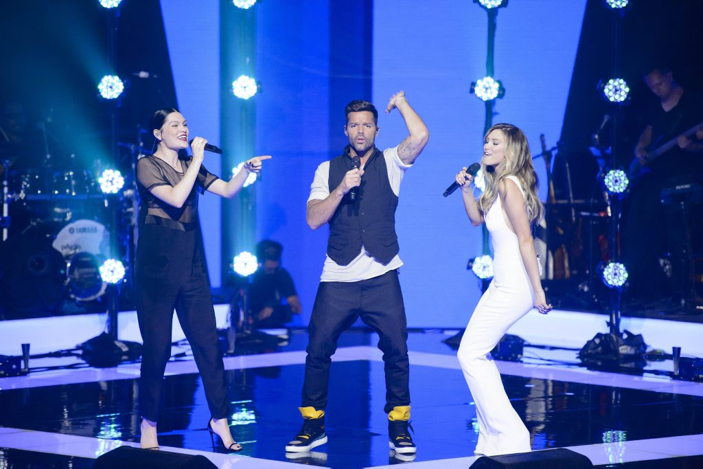 The Voice Australia coaches Jessie J, Ricky Martin and Delta Goodrem perform the song Bang Bang. The Voice Australia coaches Jessie J, Ricky Martin and Delta Goodrem perform the song Bang Bang.
