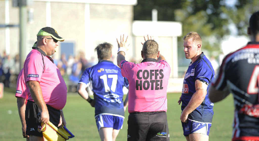 MARCHING ORDERS: Grafton interchange player Carlton Elliot (number 17) is given his marching orders after an all-in brawl in the Ghosts’ Group 2 match with the Nambucca Heads Roosters on Sunday afternoon at Frank McGuren Field. MARCHING ORDERS: Grafton interchange player Carlton Elliot (number 17) is given his marching orders after an all-in brawl in the Ghosts’ Group 2 match with the Nambucca Heads Roosters on Sunday afternoon at Frank McGuren Field.