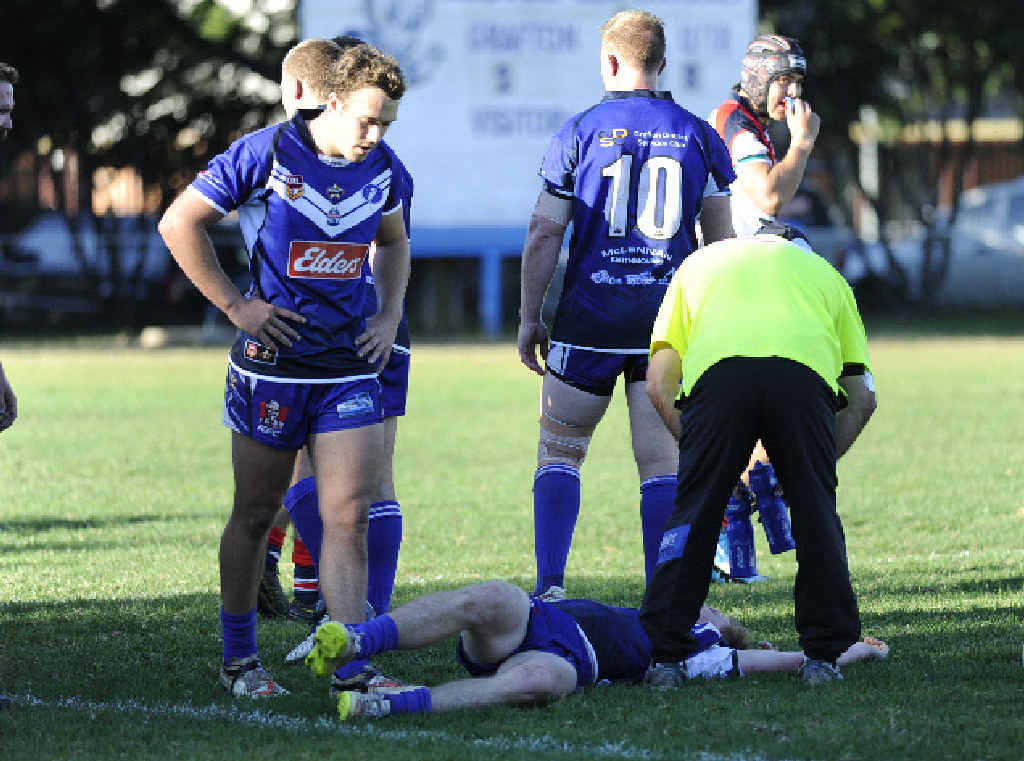 MAN DOWN: Mitchell Gorman down for the count during the Toohey’s New Group 2 Rugby League match between the Grafton Ghosts and the Nambucca Roosters at the Frank McGuren Park on Sunday. MAN DOWN: Mitchell Gorman down for the count during the Toohey’s New Group 2 Rugby League match between the Grafton Ghosts and the Nambucca Roosters at the Frank McGuren Park on Sunday.