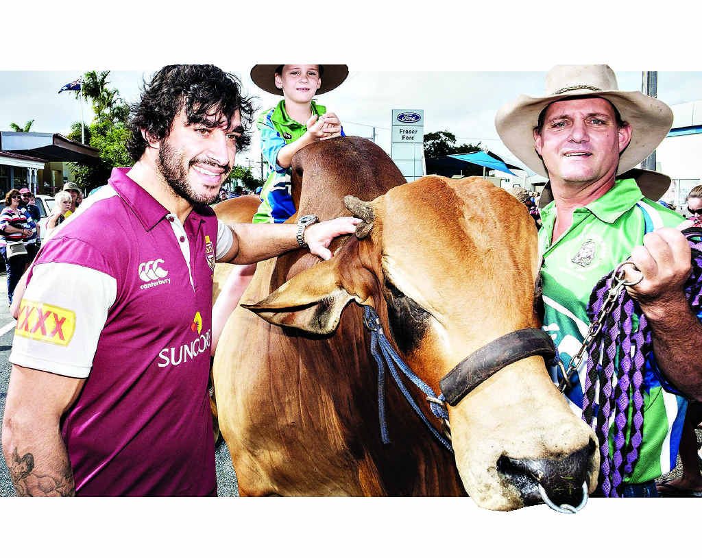 MAROON POWER: Johnathan Thurston meets Cambil Mr Incredibull, the Brahman, James Camm (top) and Lawson Camm (right) during the Maroons fan day yesterday. MAROON POWER: Johnathan Thurston meets Cambil Mr Incredibull, the Brahman, James Camm (top) and Lawson Camm (right) during the Maroons fan day yesterday.