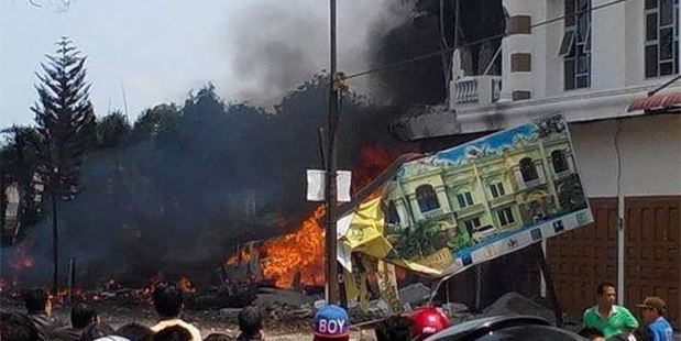 An Indonesian military transport plane has crashed in a city on Sumatra Island. Photo / Via Twitter An Indonesian military transport plane has crashed in a city on Sumatra Island. Photo / Via Twitter