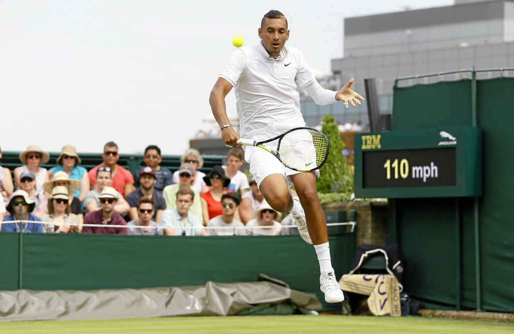 FLYING HIGH: Nick Kyrgios jumps to return the ball against Juan Monaco. FLYING HIGH: Nick Kyrgios jumps to return the ball against Juan Monaco.