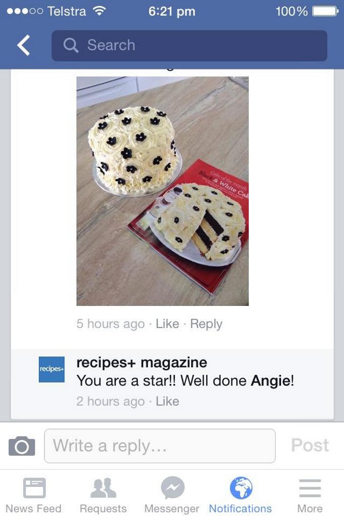 Angie Smith featured in the July edition of Recipes+ with her black and white cake. 