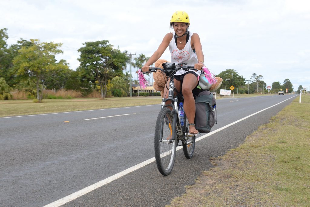 Image for sale: BAREFOOT CYCLIST: Adeena Gerding is passing through Bundaberg on her journey from Sydney to Cairns raising money along the way. Photo: Paul Donaldson / NewsMail
