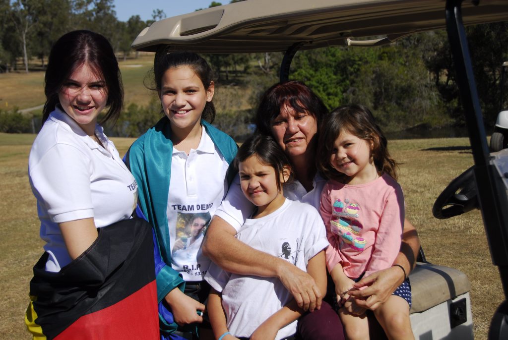 Valerie Dempsey with her grandchildren, from left: Emily, 18, Renicha, 12, Teniqua, 8, Shabella Dempsey, 4. at the Peter Dempsey Memorial NAIDOC Golf Day, Calliope Golf Course, yesterday. Photo Nicky Moffat / The Observer Valerie Dempsey with her grandchildren, from left: Emily, 18, Renicha, 12, Teniqua, 8, Shabella Dempsey, 4. at the Peter Dempsey Memorial NAIDOC Golf Day, Calliope Golf Course, yesterday. Photo Nicky Moffat / The Observer