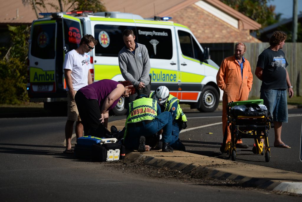A MOTORCYCLE rider has been taken to hospital following a crash this afternoon. The smash happened at the intersection of Elliott Heads Rd and McCarthy St. Photo: Mike Knott / NewsMail A MOTORCYCLE rider has been taken to hospital following a crash this afternoon. The smash happened at the intersection of Elliott Heads Rd and McCarthy St. Photo: Mike Knott / NewsMail