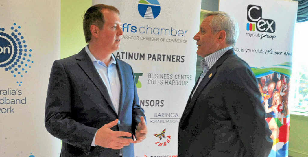 BROADBAND: NBN community affairs manager Darren Rudd and Coffs Harbour Chamber of Commerce president George Cecato discuss the rollout of the NBN. BROADBAND: NBN community affairs manager Darren Rudd and Coffs Harbour Chamber of Commerce president George Cecato discuss the rollout of the NBN.