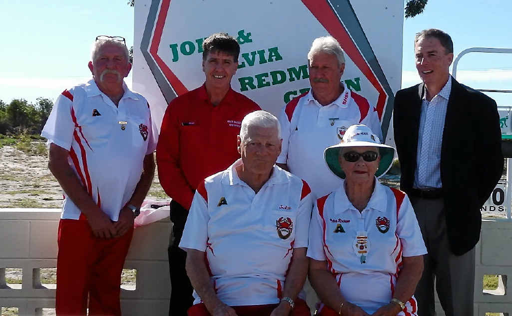 CEREMONY: Bruce Saunders MP (in red) and Fraser Coast mayor Gerard O’Connell (black) join Burrum Heads Bowls Club for the opening of the John and Sylvia Redman green. CEREMONY: Bruce Saunders MP (in red) and Fraser Coast mayor Gerard O’Connell (black) join Burrum Heads Bowls Club for the opening of the John and Sylvia Redman green.