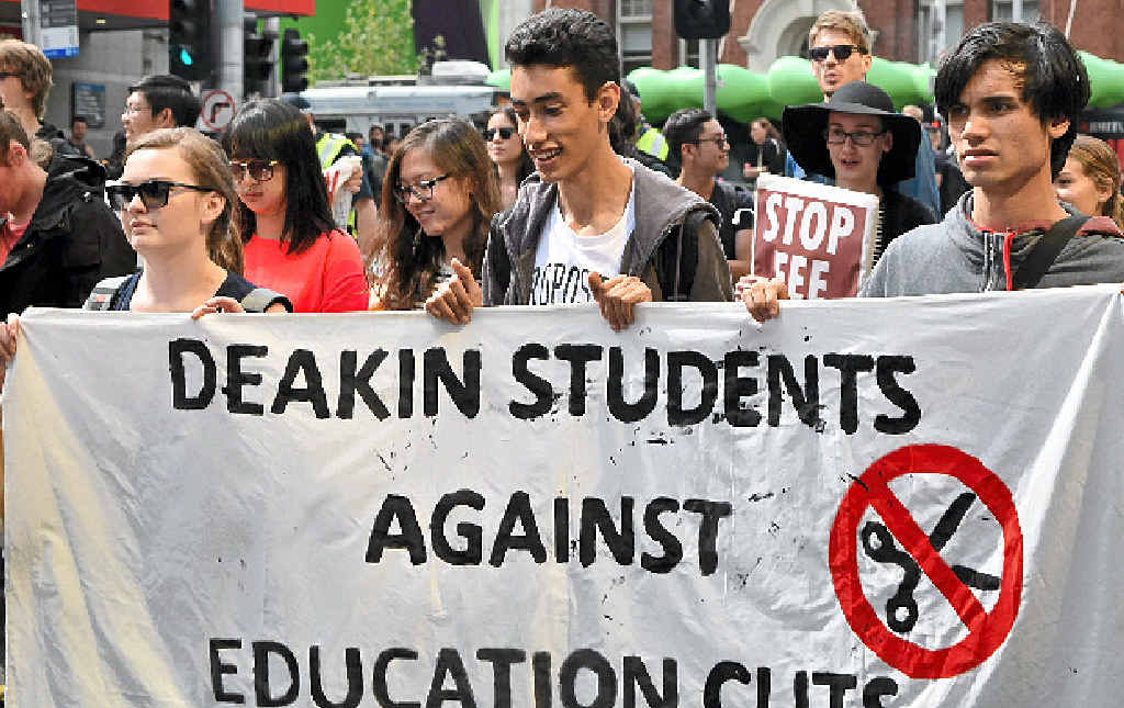 IN MARCH: Students in Melbourne call on Education Minister Christopher Pyne to abandon university fee deregulation. IN MARCH: Students in Melbourne call on Education Minister Christopher Pyne to abandon university fee deregulation.
