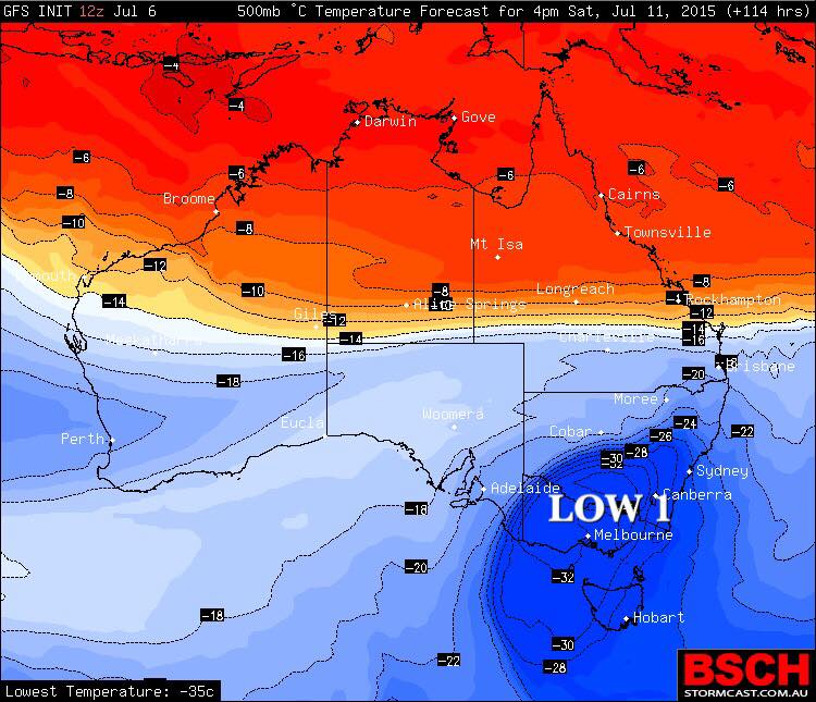 The first low pressure system expected to bring our weekend cold burst. Temperatures listed are for 20,000 metres. The first low pressure system expected to bring our weekend cold burst. Temperatures listed are for 20,000 metres.