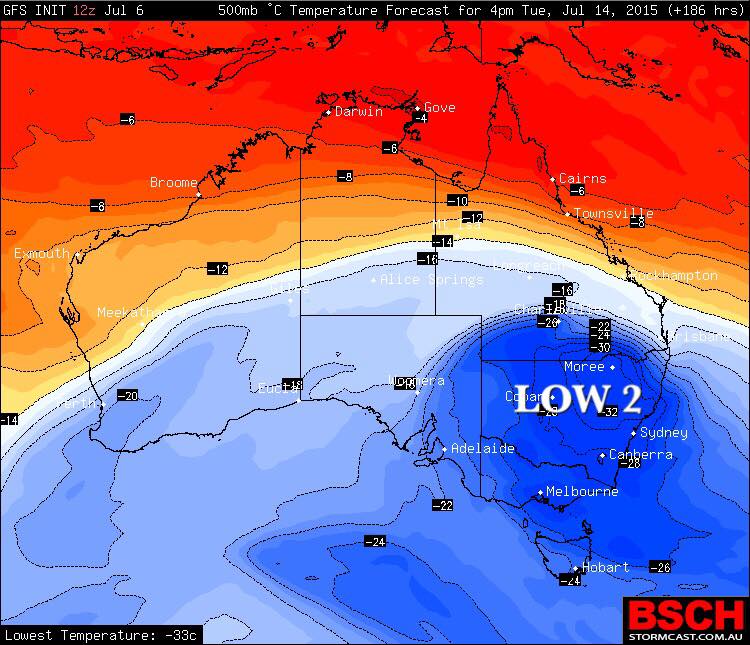 The second low forecast to put a chill over the state at the weekend. Don't panic about the temperatures listed - they're for 20,000 feet, not ground level. The second low forecast to put a chill over the state at the weekend. Don't panic about the temperatures listed - they're for 20,000 feet, not ground level.
