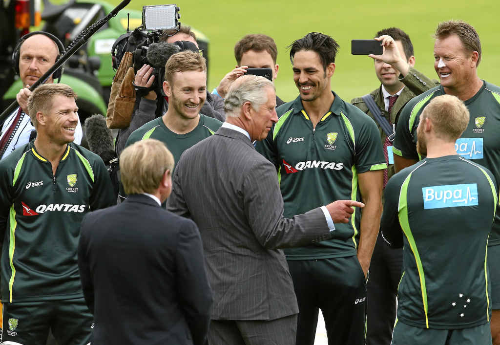 The Prince of Wales, Prince Charles, meets members of the Australian team, including (from left) David Warner, Peter Nevill and Mitchell Johnson during a nets session at SWALEC Stadium in Cardiff yesterday. The Prince of Wales, Prince Charles, meets members of the Australian team, including (from left) David Warner, Peter Nevill and Mitchell Johnson during a nets session at SWALEC Stadium in Cardiff yesterday.