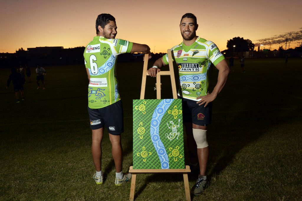 Ipswich Jets players Brandon McGrady and Billy McConnachie showing off the new indigenous jerseys. Photo Inga Williams / The Queensland Times Ipswich Jets players Brandon McGrady and Billy McConnachie showing off the new indigenous jerseys. Photo Inga Williams / The Queensland Times