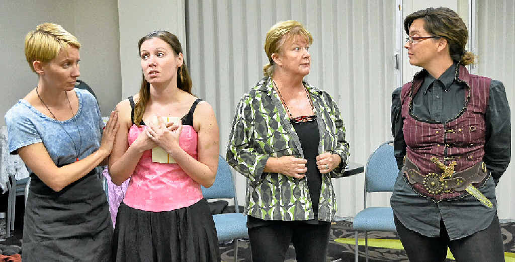 Kylie Fuad, as the maid, Elyse Knowles as Ophelia, Jackie McLeod as Polonius and Beth Hobbs as Hamlet in rehearsal for Ophelia Thinks Harder, to be staged in Nimbin this weekend. Kylie Fuad, as the maid, Elyse Knowles as Ophelia, Jackie McLeod as Polonius and Beth Hobbs as Hamlet in rehearsal for Ophelia Thinks Harder, to be staged in Nimbin this weekend.