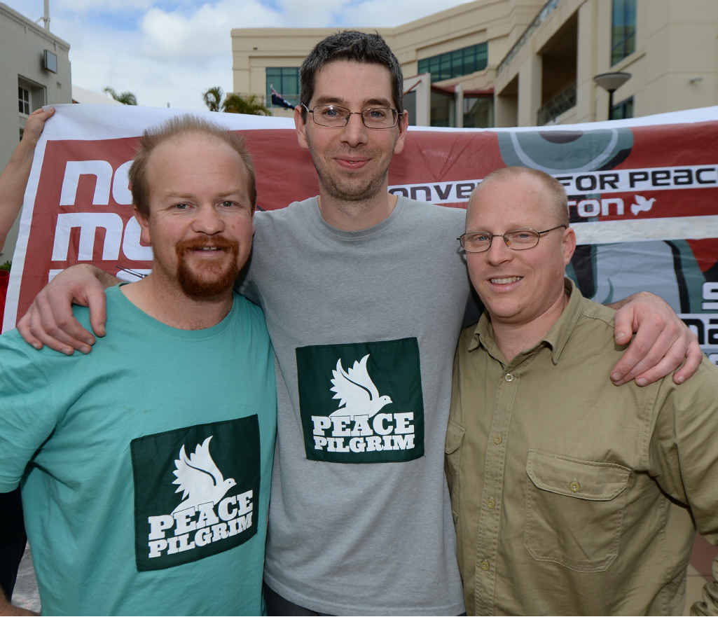 Greg Rolles, Simon Reeves, and Rev Simon Moyle outside the Rockhampton Courthouse after they faced court on trespass charges for trying to disrupt Exercise Talisman Sabre in the Shoalwater Bay Training Area. Greg Rolles, Simon Reeves, and Rev Simon Moyle outside the Rockhampton Courthouse after they faced court on trespass charges for trying to disrupt Exercise Talisman Sabre in the Shoalwater Bay Training Area.