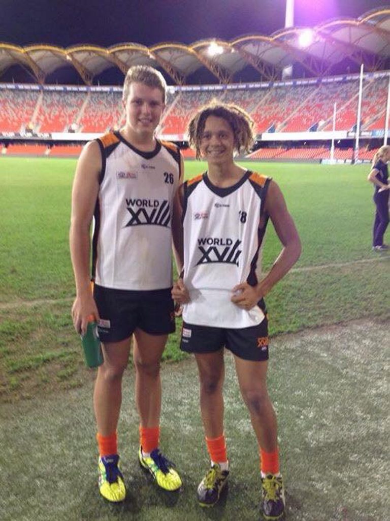 Gail Law: Sunshine Coast boys, Toara Marango and Tom Ansell, captain and vice captain of AFL World XV111 against Australian Boomerangs on the Gold Coast this week.