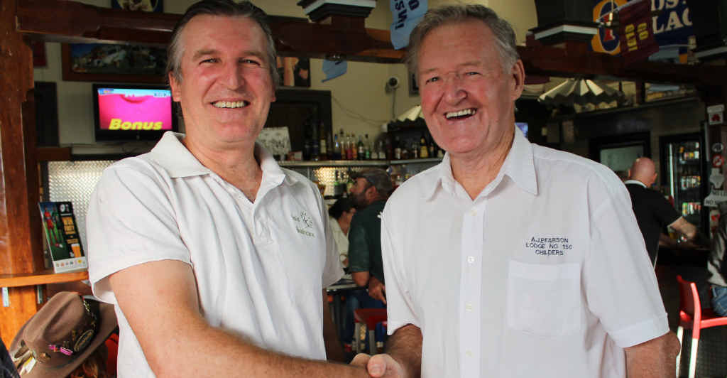 FUNDS RAISED: Isis Bushcare vice president Geoff Baldwin thanking Buffalo Lodge member John Buckingham for his support. FUNDS RAISED: Isis Bushcare vice president Geoff Baldwin thanking Buffalo Lodge member John Buckingham for his support.