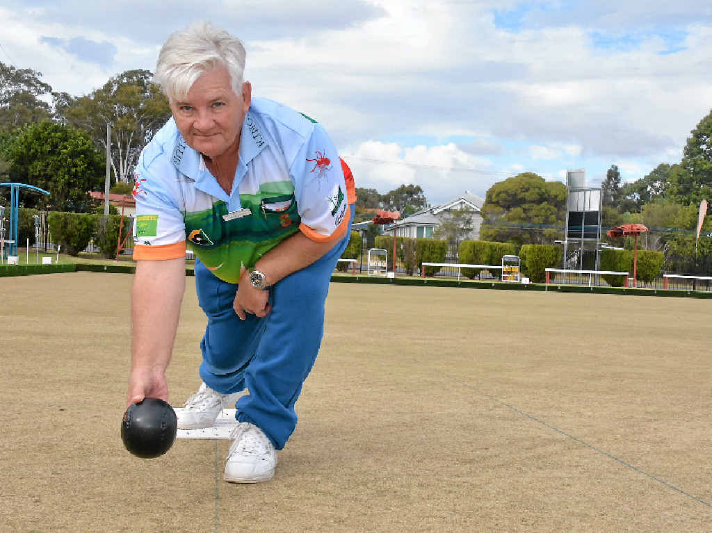 HOOKED: Kingaroy’s John Lacey on the right foot for a successful roll down the green. HOOKED: Kingaroy’s John Lacey on the right foot for a successful roll down the green.